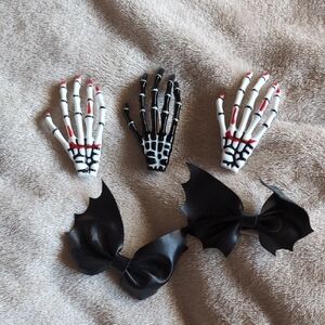 Skeleton Hand and Bat Bow Hair Clips